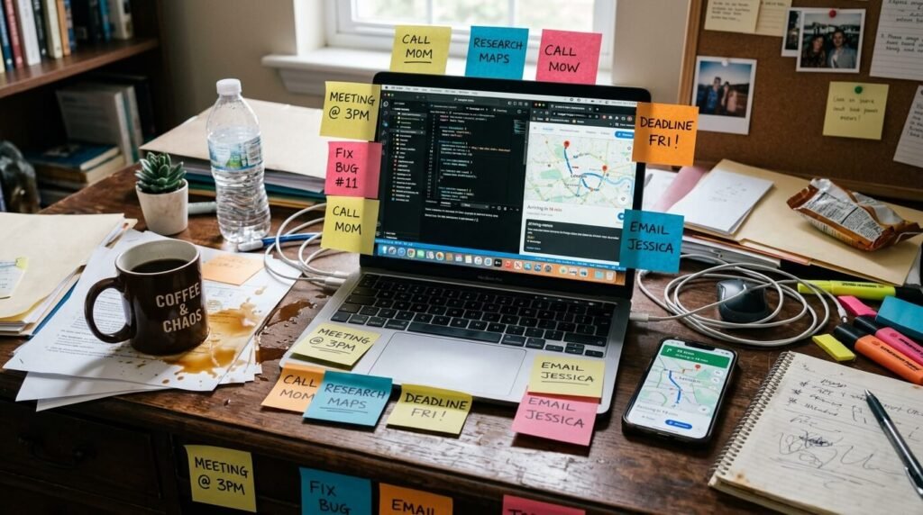 Messy desk with laptop, Post-its, spilled coffee, and phone map.