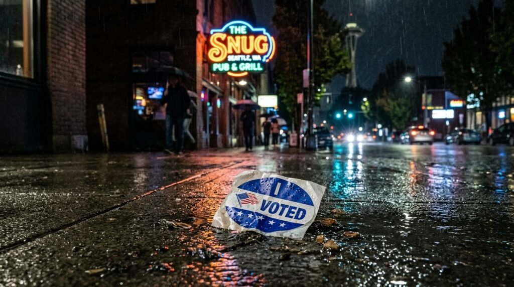 Crumpled "I Voted" sticker on a rain-slicked Seattle sidewalk with glowing sign.