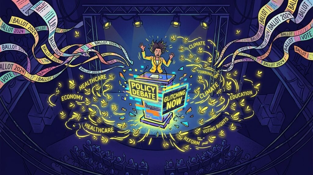 Quirky motif: ballots unfurling like party streamers. Tone: wryly humorous optimism.