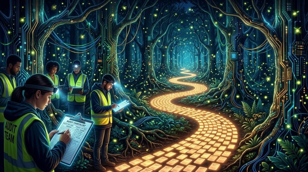 Glowing ballot path in circuit forest with audit checklists and fireflies.