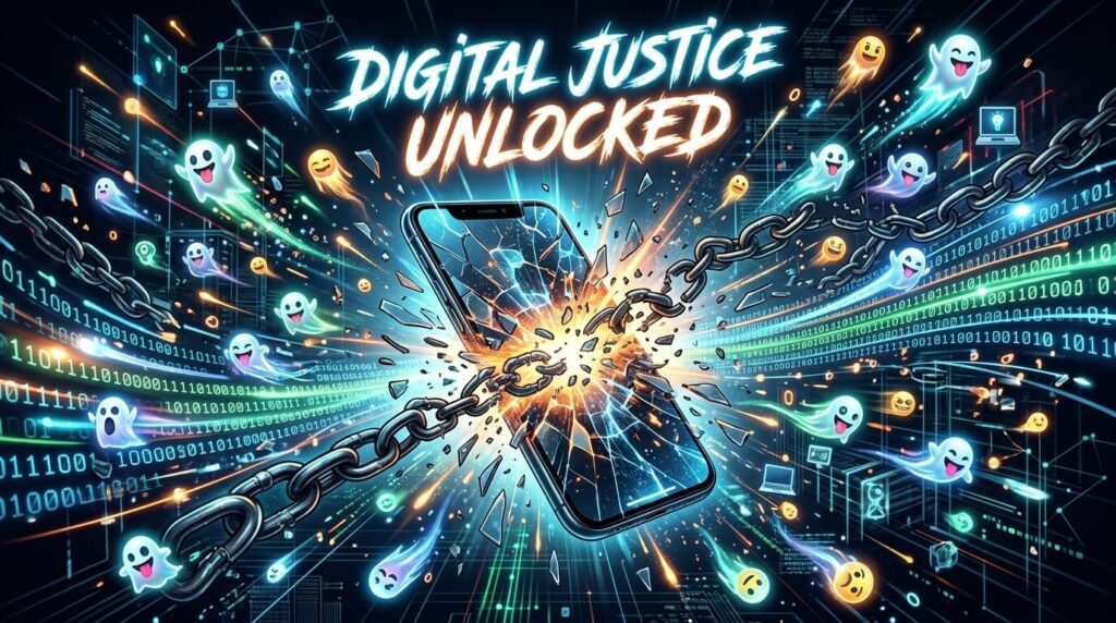 Smartphone exploding into chains, data streams, and emoji ghosts, digital justice unlocked.