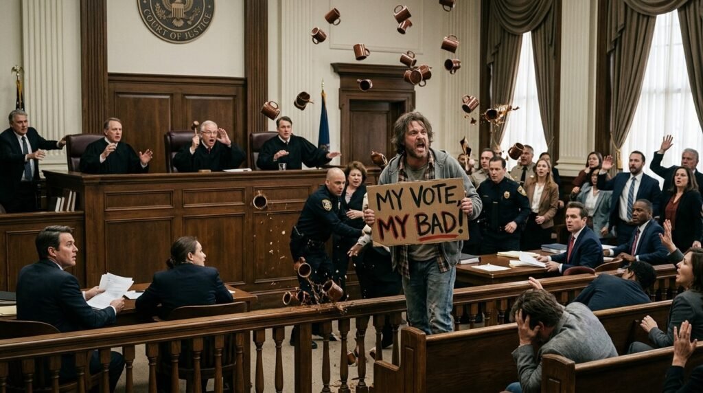 Courtroom chaos with judges, a man holding a "My Vote, My Bad!" sign, and raining coffee mugs.