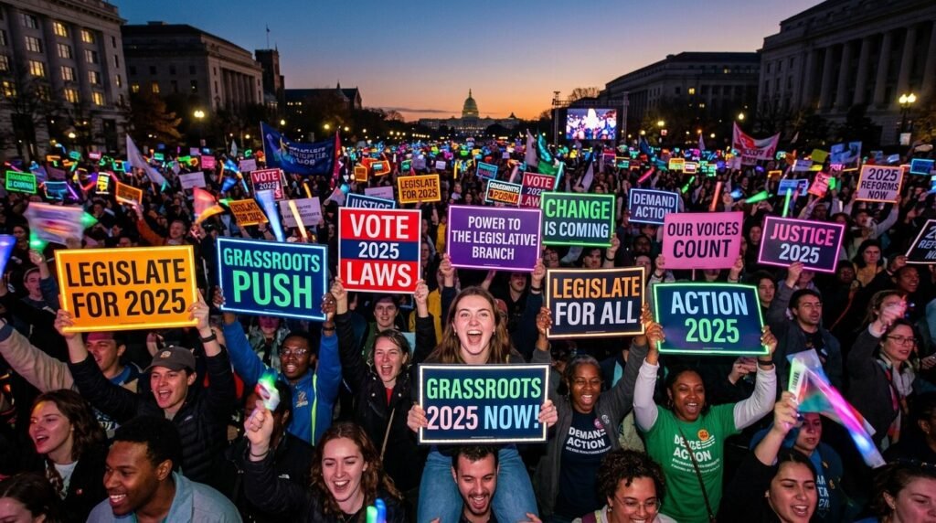 Crowd energy at dusk with signs ablaze in color, my wide-eyed take on grassroots push for legislative branch 2025 laws.