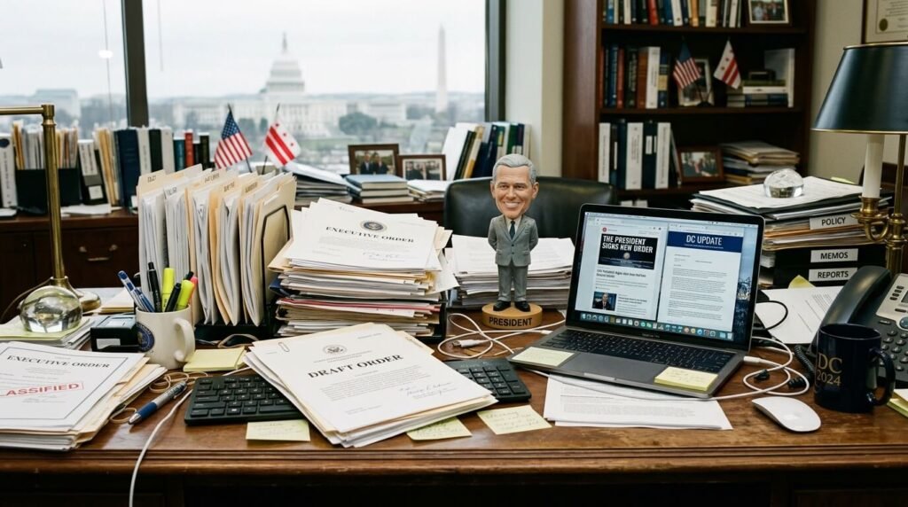 Cluttered DC desk with executive orders, laptop, and president bobblehead.