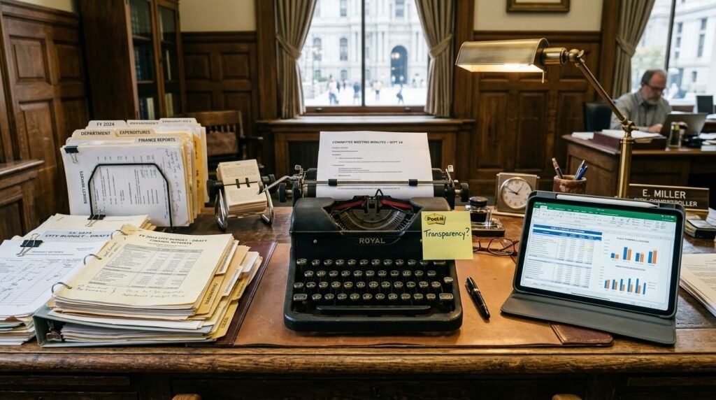Vintage city hall desk, budget reports, typewriter, tablet, "Transparency?" sticky note.