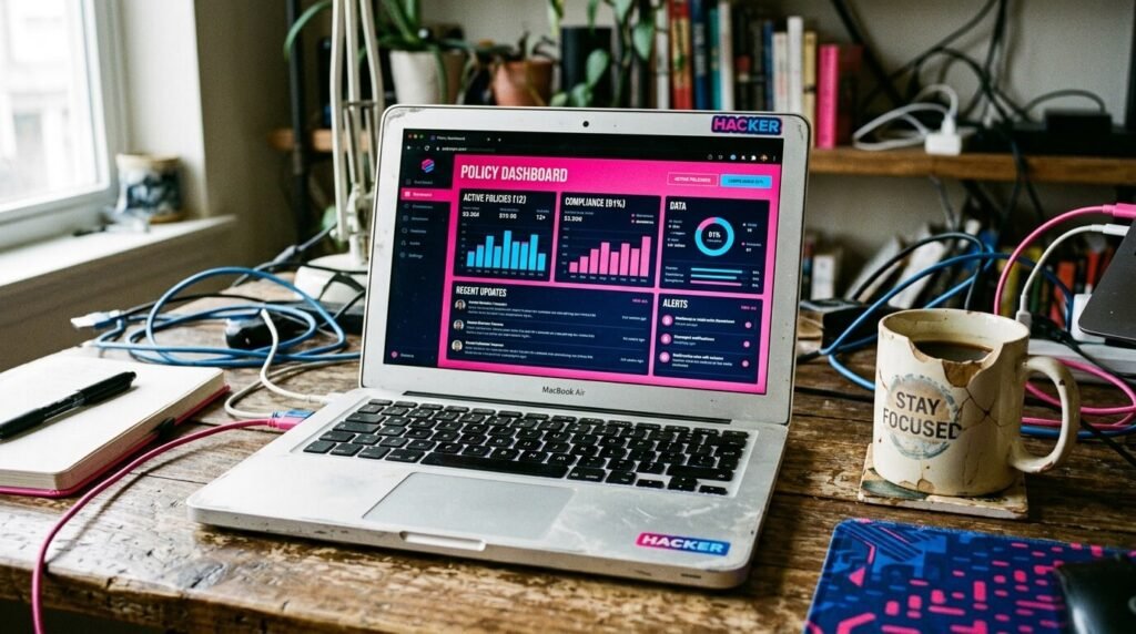 Grainy laptop with policy dashboard, chipped mug, electric blue and hot pink.