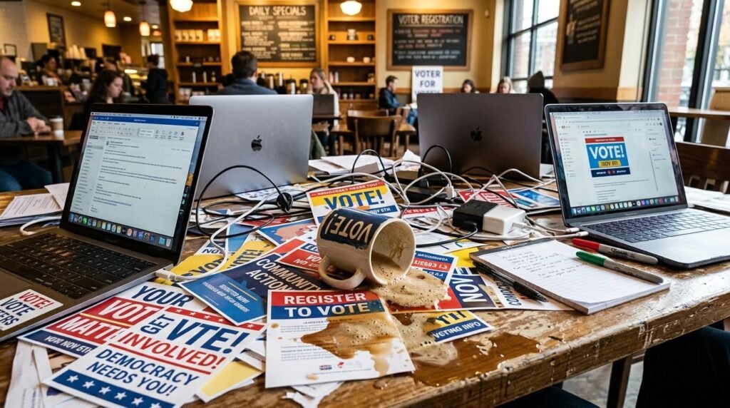 Top-down view of a protest march with screaming pink and green signs.