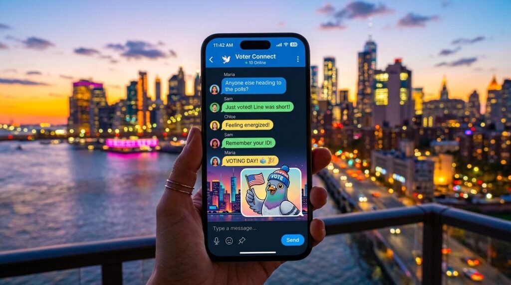 Phone screen with voter chat, colorful skyline, pigeon in "Vote" hat, vibrant mood.