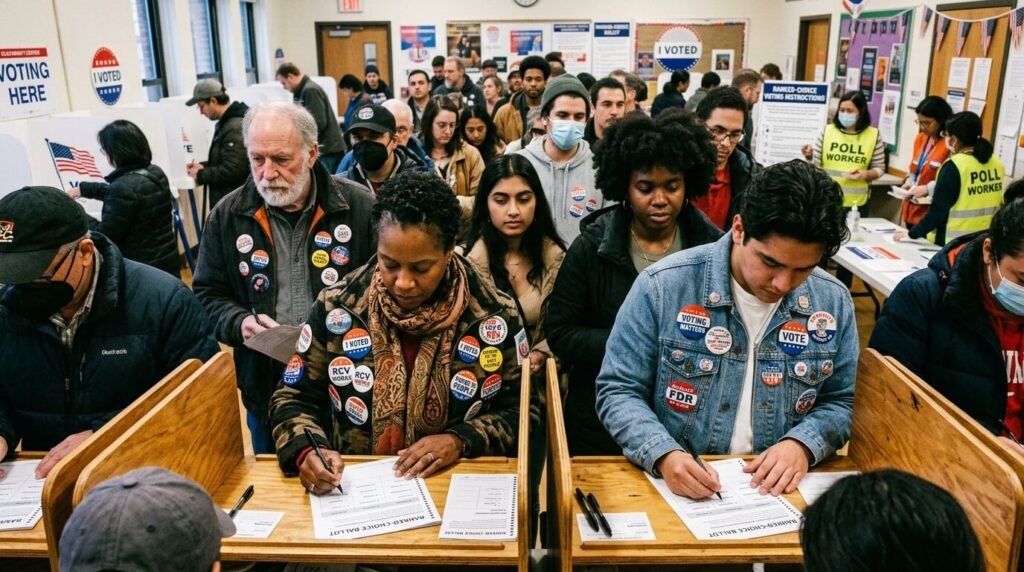 Voter's booth, ranked-choice ballot, neon light, paper airplanes.