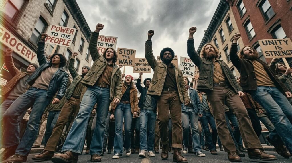 A low-angle, vintage-inspired photo of a protest crowd with raised fists and signs.