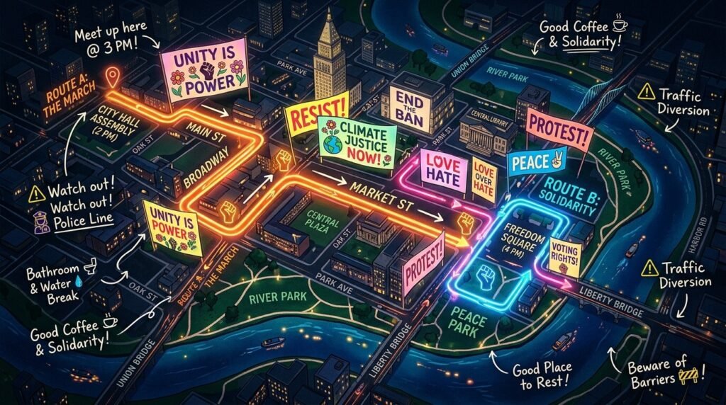 A diverse group high-fiving at a rally with banners and confetti.