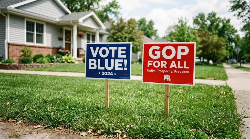 Two campaign signs, "Vote Blue!" and "GOP for All," in a lawn.