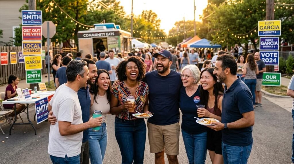 Diverse group laughing at block party, campaign signs visible, golden hour.