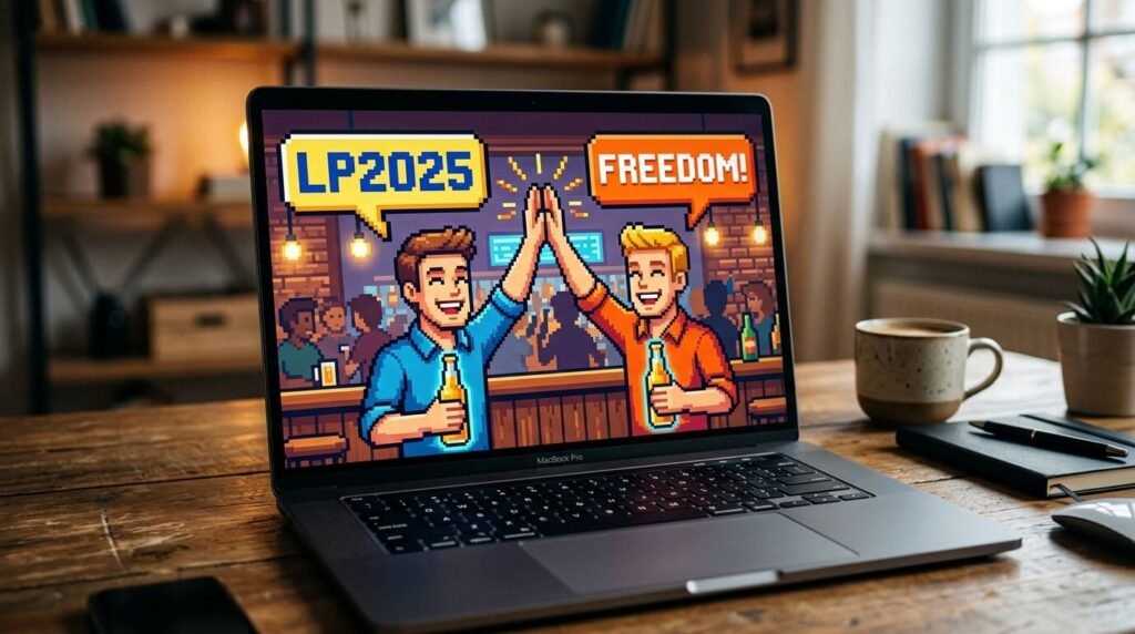 Laptop screen shows pixelated men high-fiving with beer, "LP2025" and "Freedom" text bubbles.