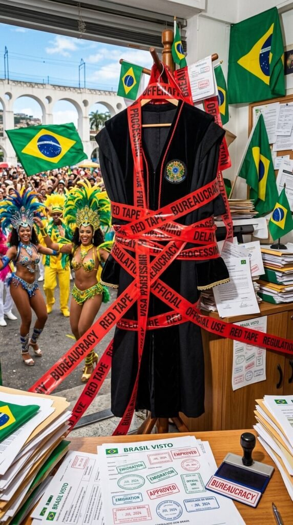 Judge's robe tangled in red tape, Brazilian flags, visa stamps, samba dancers.