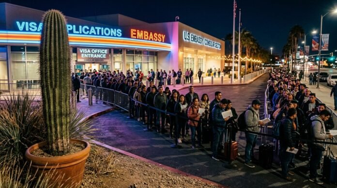 A long visa line at a neon-lit embassy, with a cactus in the foreground.