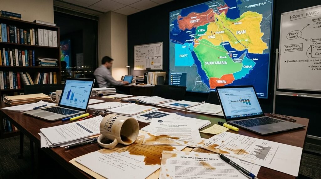 Photorealistic D.C. think tank, glowing M.E. map, spilled coffee, papers.