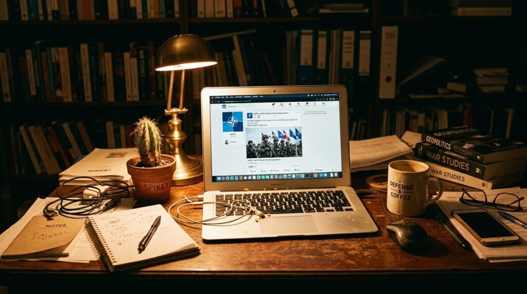 Wobbly coffee table with a NATO report, spilled latte, and phone with X posts.