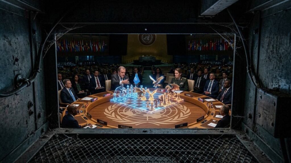 Holographic UN table with dragon-eagle chess, seen from vents.