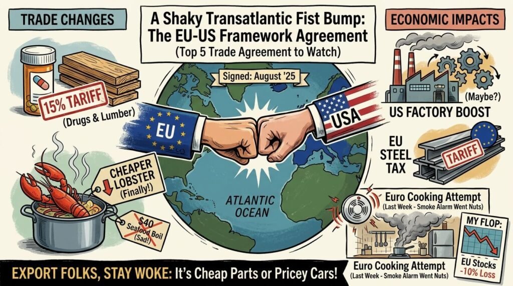 Global trade map with me high-fiving a globe, exploding notebook, deals.