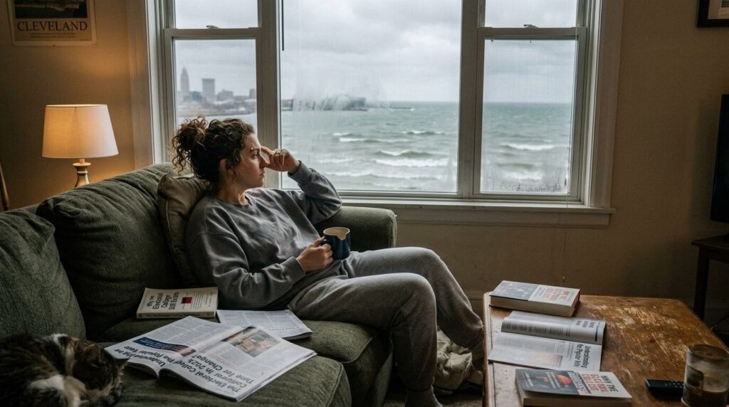 Flustered person with soggy voter card, electoral maps dissolving.