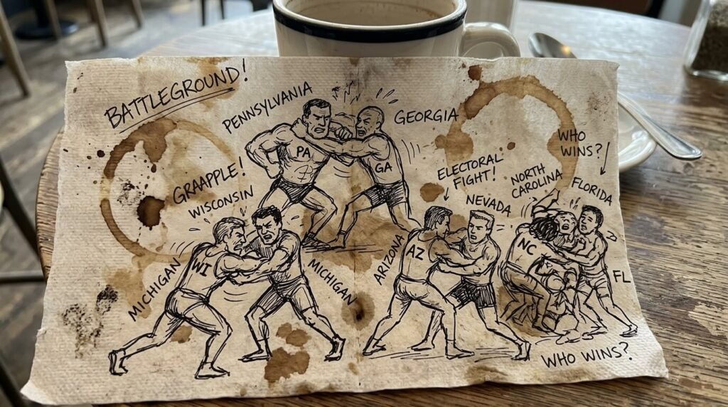 Diverse hands high-fiving over a crumpled ballot in a neon-lit diner.