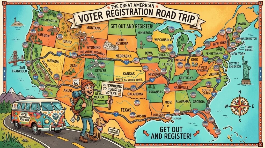 Road trip map with voter registration pins and hitchhiking cartoon figure.