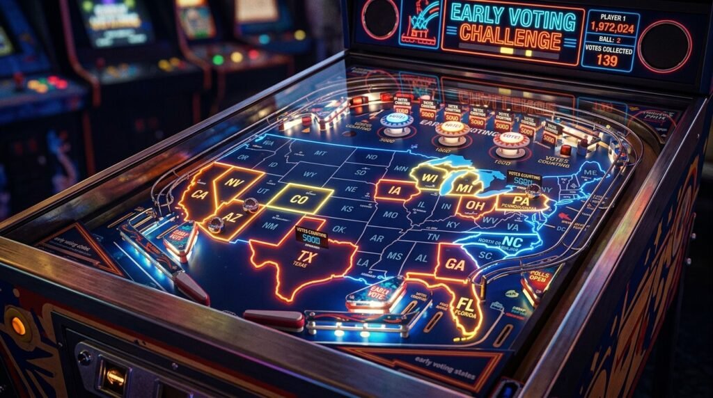 Tilted US map with early voting states lit up like a pinball machine.