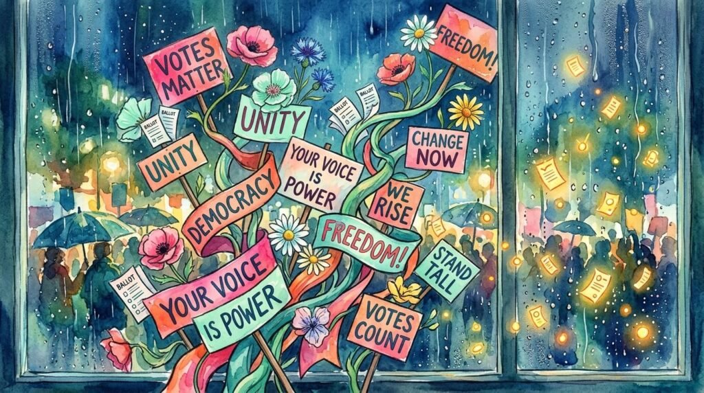 ballots blooming as wildflowers. Tone: bittersweet rally spirit. Palette