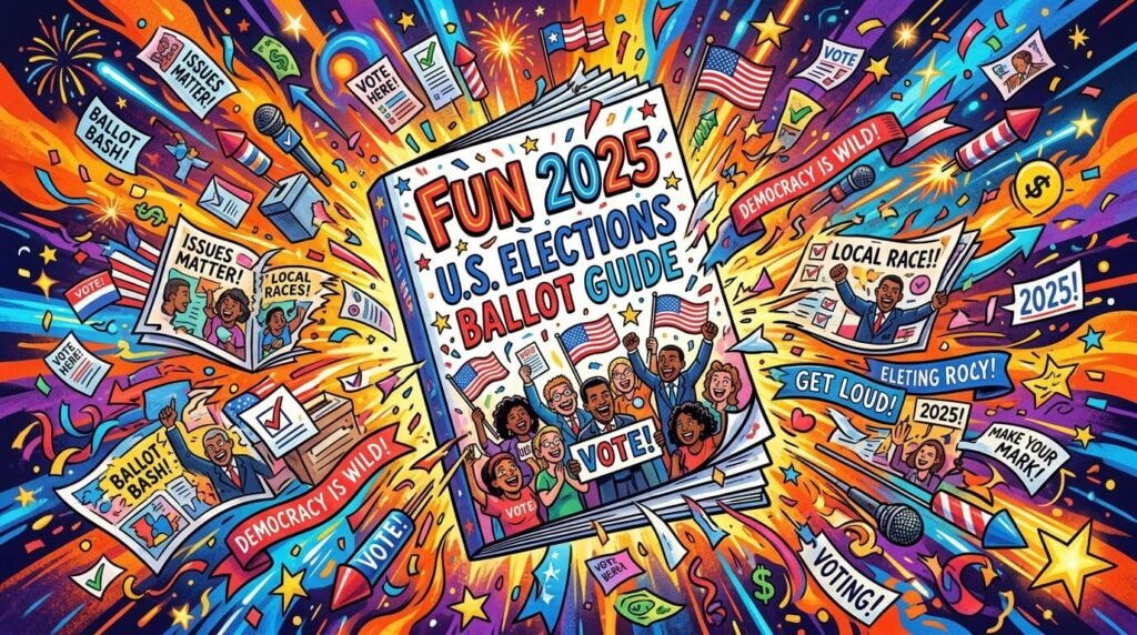 Fun 2025 U.S. elections ballot guide illustration, exploding with vibrant colors and chaotic energy.
