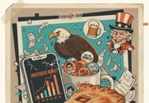2025 U.S. Elections: What You Need to Know Before You Vote Vintage-style political collage: pie, eagle, smartphone, Uncle Sam, confetti.