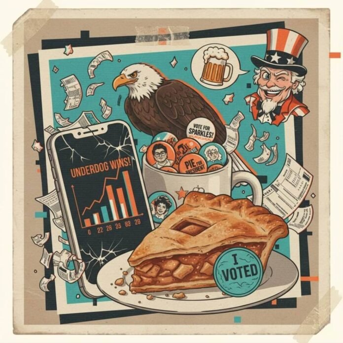 Vintage-style political collage: pie, eagle, smartphone, Uncle Sam, confetti.