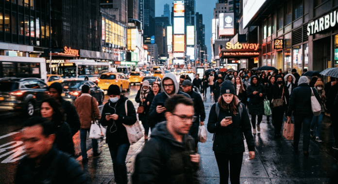 Crowded, high-contrast U.S. street with people looking at smartphones.