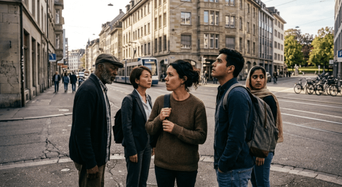 Diverse group at city crossroads looking in different directions.